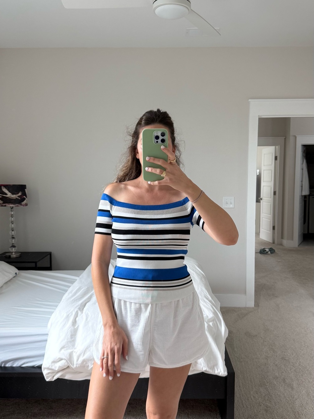 Striped Off-Shoulder Knit Top in Blue and White